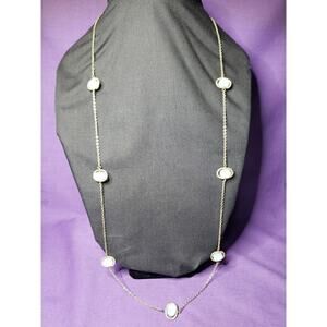 Long Yellow Gold Tone Opalescent Frosted Faceted Glass Bead Station Necklace